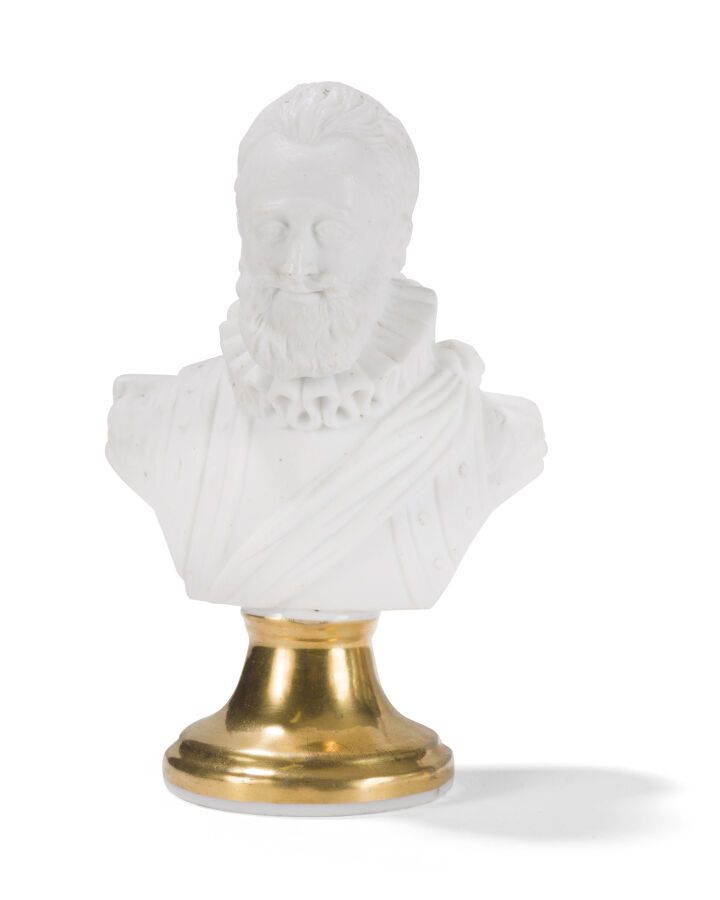 Null PARIS*
BUSTE D'HENRI IV EN BISCUIT
reposant sur un piédouche en métal doré.&hellip;