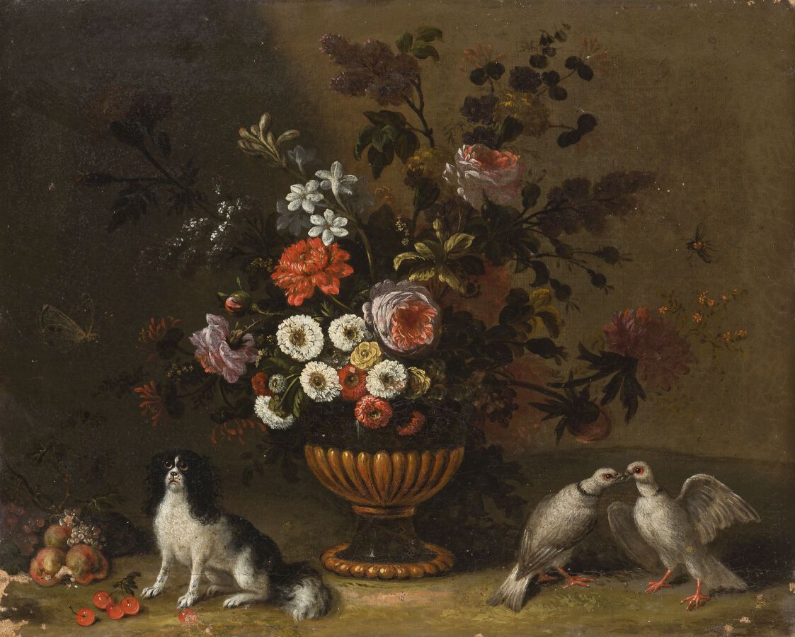 Null 归属于彼得-卡斯蒂尔三世（1684-1749）的作品
孔雀和花篮；鸽子和花瓶
一对原画。
32,5 x 40,5厘米（事故）。
装在18世纪的木质和镀&hellip;