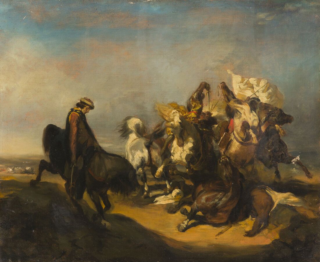 Null 归功于爱德华-奥迪尔（1800-1887）。
中世纪历史场景下的骑兵搏斗
布面油画素描（19世纪80年代衬托在Vallé-Hofer frères家的&hellip;