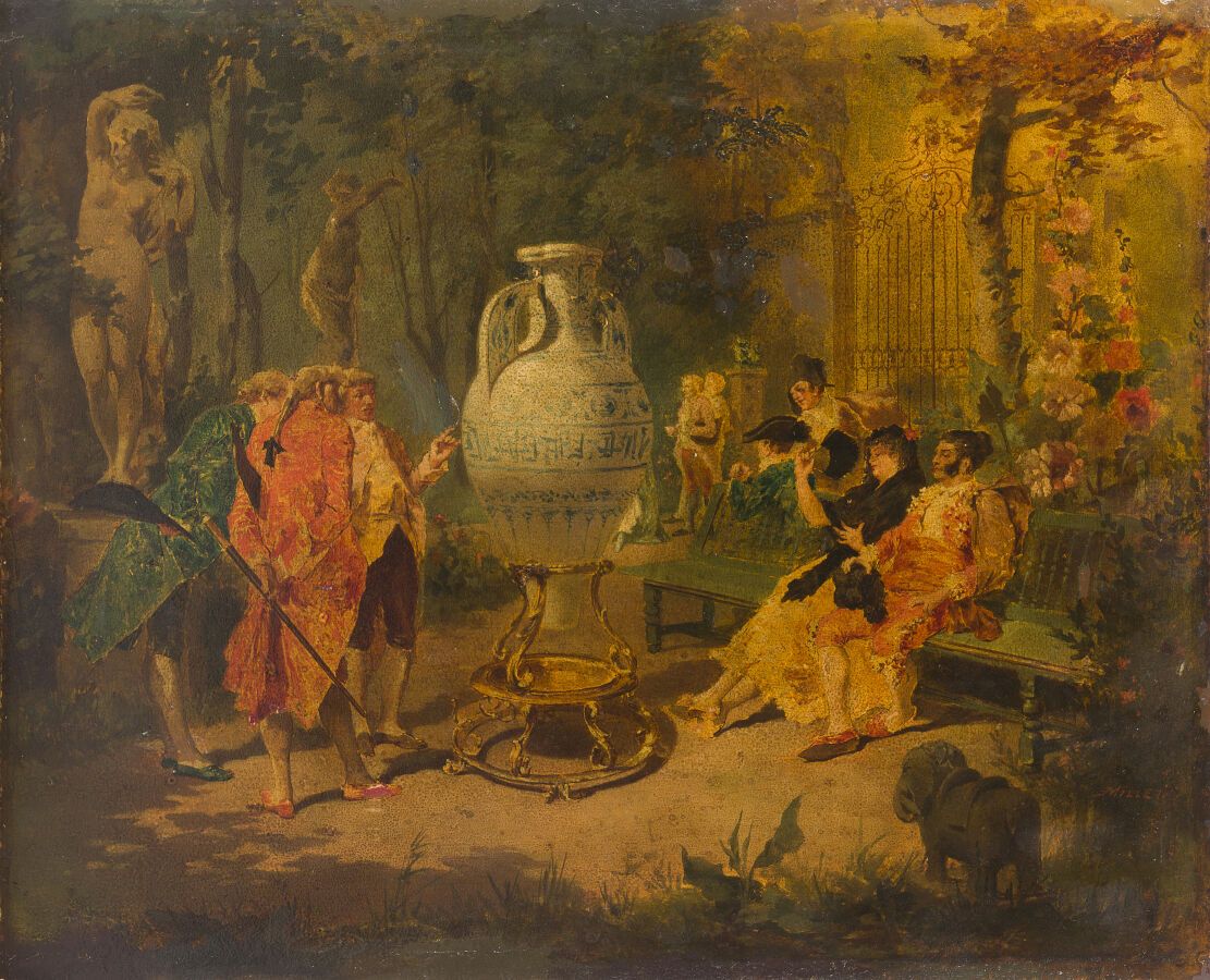Null 欧仁-亨利-米勒(Eugène Henri MILLET) (活跃于19世纪下半叶)
十八世纪围绕阿罕布拉宫花瓶的对话
金色背景的木板油画。
27 x&hellip;