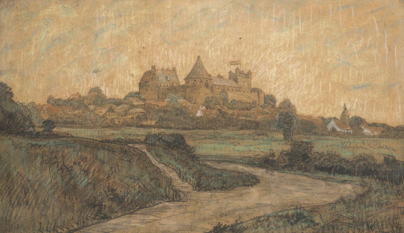 Null 德克-维格斯(1866-1933)
山上的城堡和村庄
炭笔和粉笔画，右下角有签名。
36 x 60厘米。