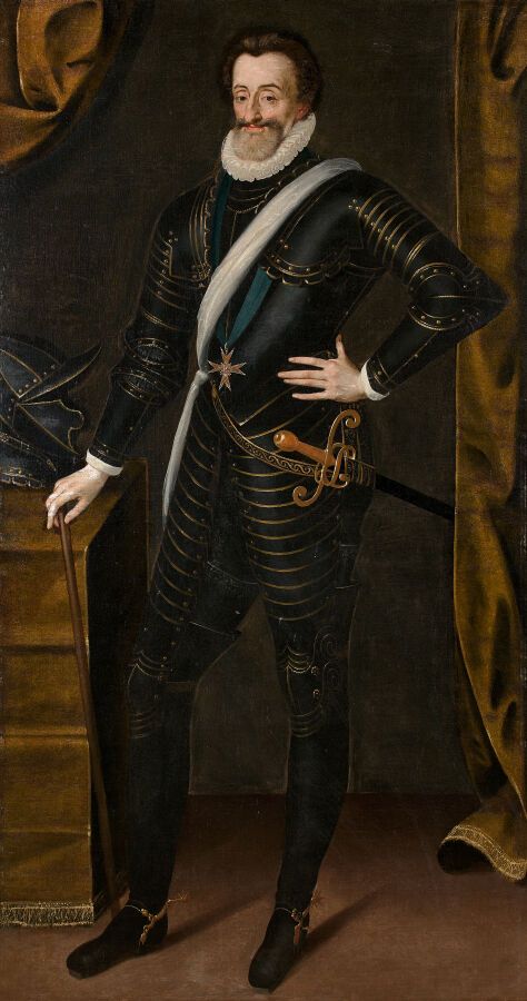 Null 归功于查尔斯-马丁（巴黎1562-1646）*。
穿着盔甲的国王亨利四世的画像
画布。
190 x 102厘米。
(旧的修复)。
装在一个模制和镀金的&hellip;