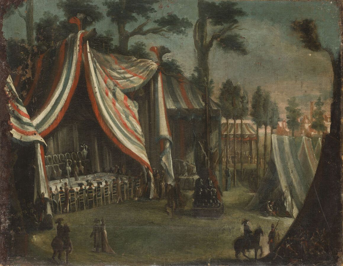 Null 革命时期的法国学校
两幅罕见的革命宴席图
一对布面油画（最近的衬里）。
每幅：51,4 x 65,5厘米
(有些修复)。