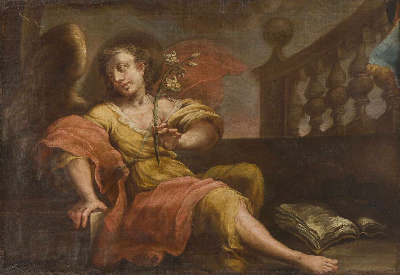 Null 归功于胡安-德-巴尔德斯-莱尔（1622-1690）。
加布里埃尔天使（？）
裱在纸板上的帆布。
39 x 54,5厘米。
(划痕)。
一个17世纪法&hellip;