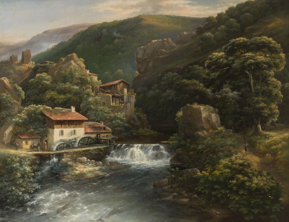 Null 伊西多尔-洛朗-德鲁伊 (1797-1886)*。
山谷中的磨坊
布面油画，右下方有签名。
73 x 92厘米。