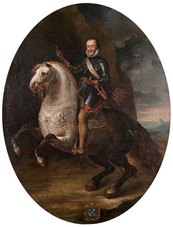 Null FRANZÖSISCHE SCHULE UM 1700*.
Porträt von König Heinrich IV. Zu Pferd.
Oval&hellip;