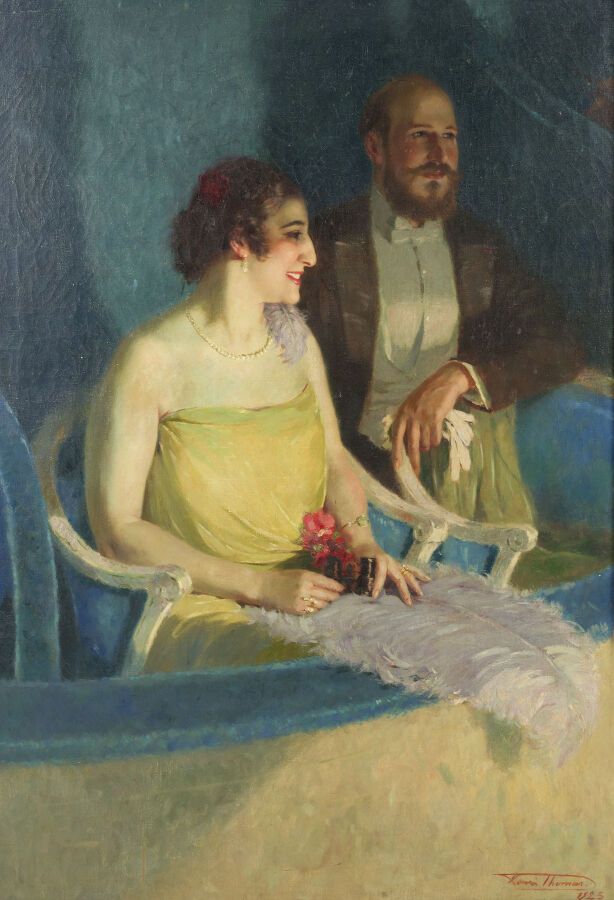 Null 亨利-约瑟夫-汤马斯 (1878-1972)*。
在剧院：夫妇在他们的更衣室，1925年
布面油画，右下方有签名和日期 "1925"。
146 x 1&hellip;