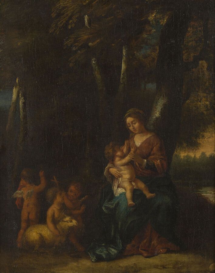 Null 1680年左右的法国学校
圣母子与被天使包围的施洗者圣约翰的故事
画布。
38 x 29厘米。
(旧的修复）。