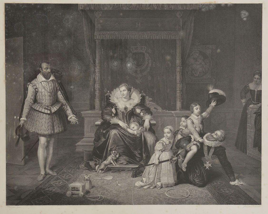Null 在让-奥古斯特-多米尼克-英格利斯（1880-1967）之后*。
亨利四世和他的孩子们
米肖恩的黑色版画。
视线尺寸：47 x 57厘米。
(有轻微晕&hellip;
