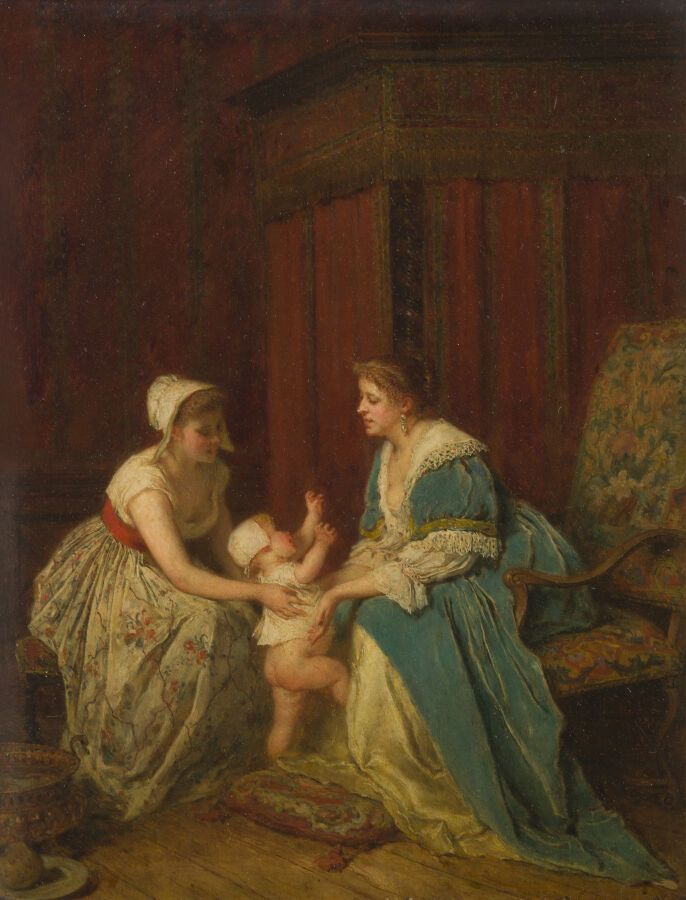 Null 19世纪的色彩
孩子，他的母亲和他的护士
镶木板上的油画，无签名。
33 x 24厘米。
(画框上有Antoine Emile Plassan的字样）&hellip;