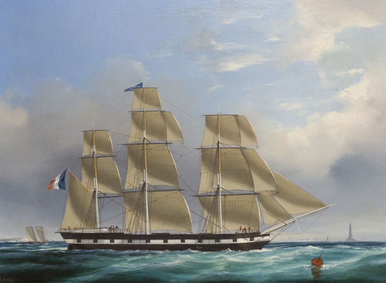 Null 1830年左右的法国学校
三桅帆船 "奥斯卡 "在科杜安前的海面上
布面油画。
55,5 x 72,5厘米。
无法辨认的签名。
原有的鎏金棒。