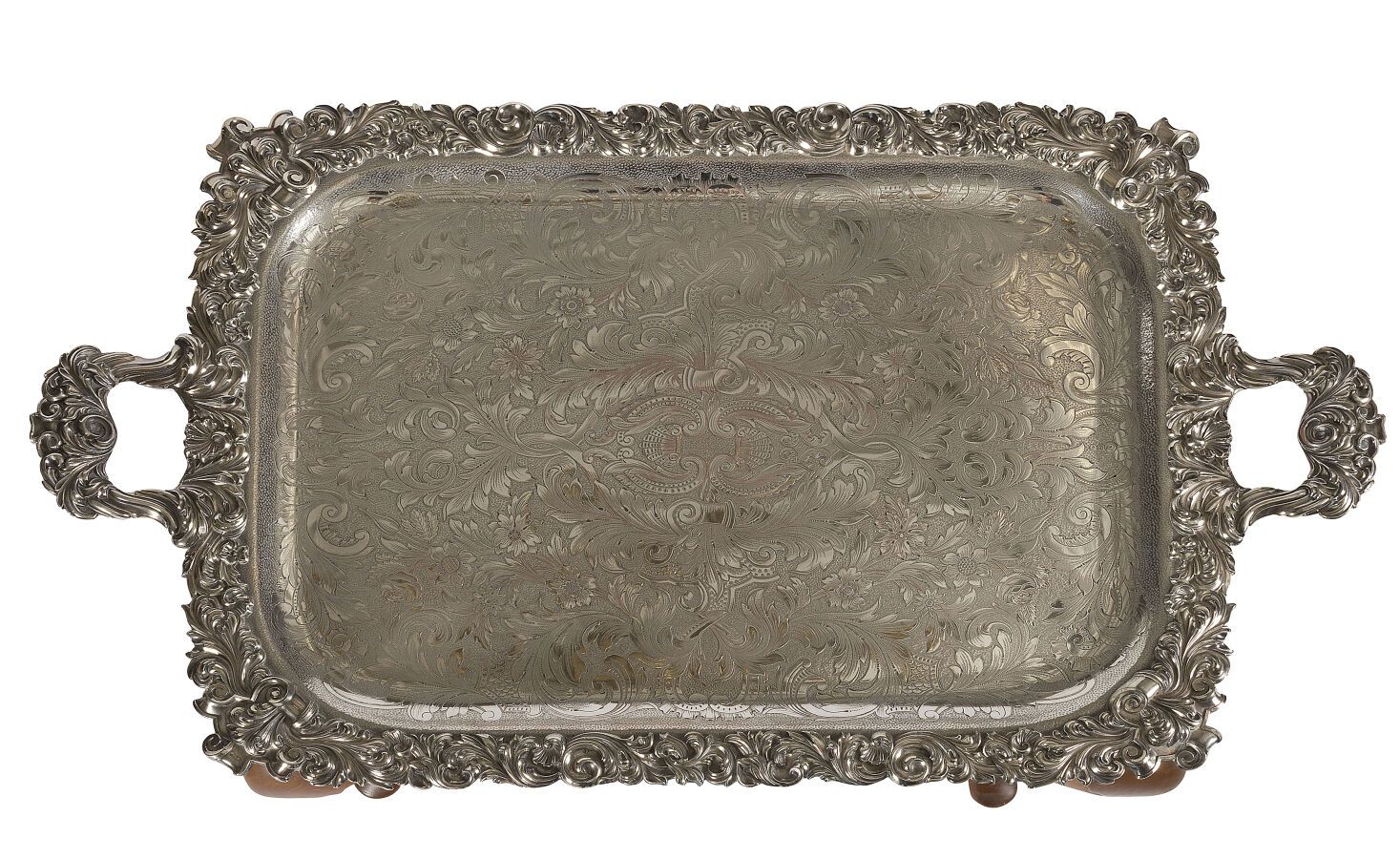 Null Important rectangular tray with two handles in silver-plated copper, the tu&hellip;