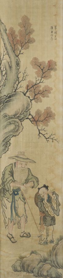 Null 绢本彩墨画两幅
中国，19世纪末-20世纪初。
装饰有老人和他们的仆人在有树的风景中，在玻璃下装框。
尺寸：132 x 33厘米和140 x 33厘米&hellip;