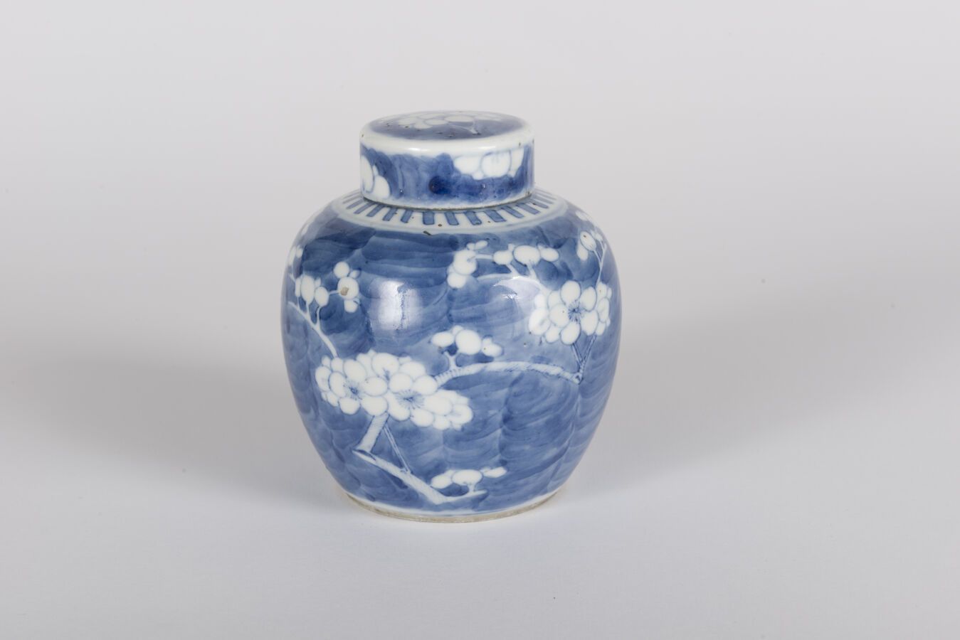 Null 青花瓷盖罐
中国，19世纪
饰以樱花树，有康熙时期的天启款
高度：12厘米