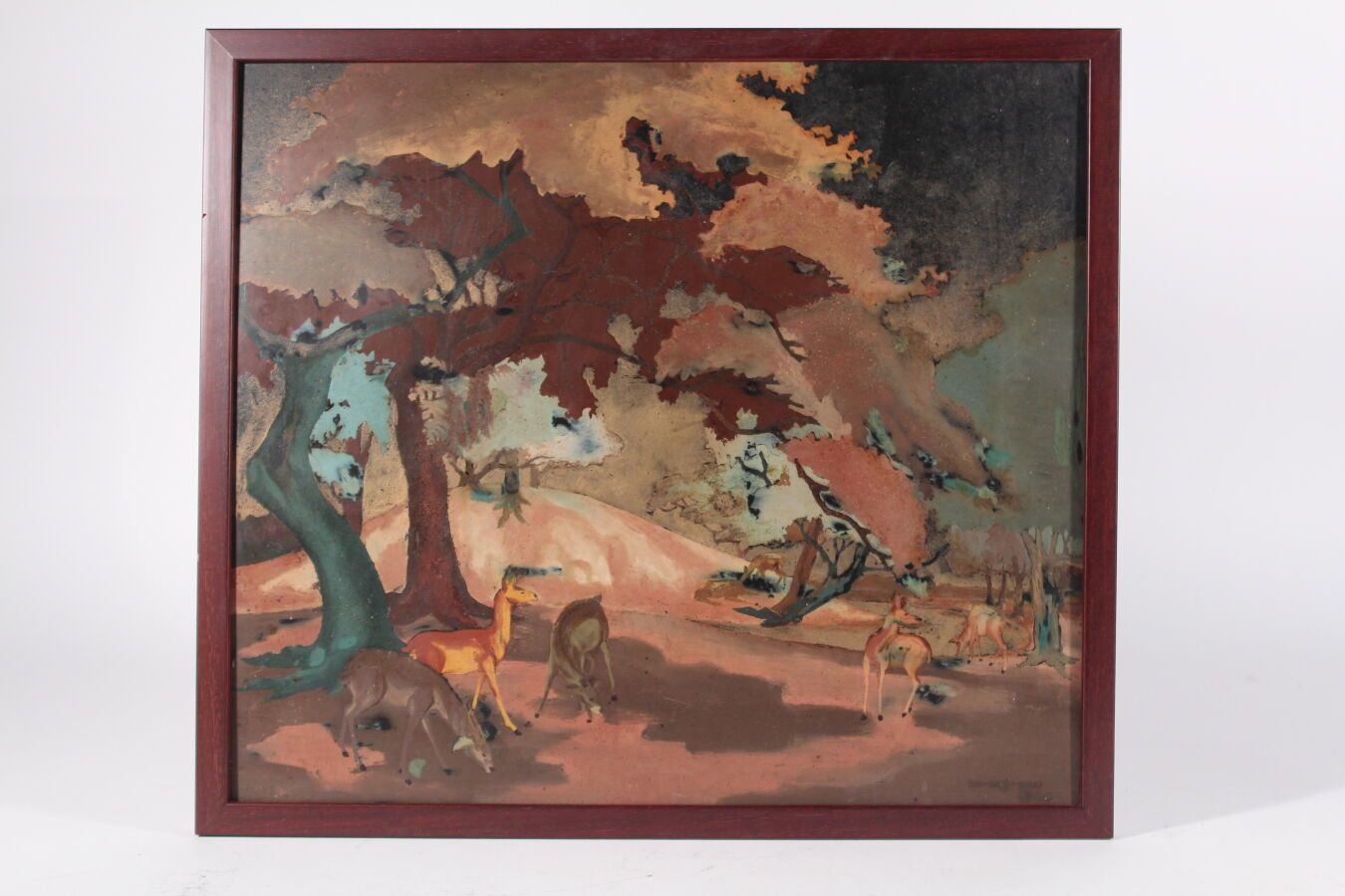 Null 阮富凯
多色漆板
有鹿的装饰，署名NG-PHU-KHAI，日期为1944年
35 x 40厘米
