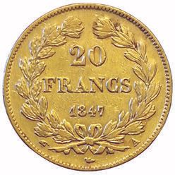 Null Luigi Filippo I. 20 franchi 1847 A. F.527/37. TTB+