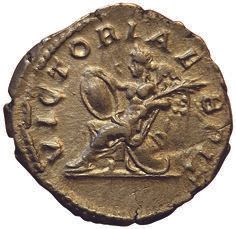 Null 塞普蒂米乌斯-塞维鲁193-211.狄纳留。R/ VICTORIAE BRIT。胜利女神坐在盾牌上，膝上放着另一个盾牌。RIC 335。 SUP