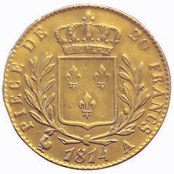 Null 路易十八 20 法郎 1814 A.巴黎。大4号品种。F.517/1. TTB+