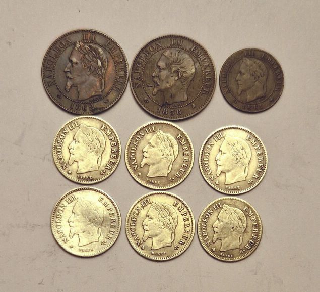 Null FRANCE. Napoléon III: 9 monnaies dont 6 en argent. B à TTB