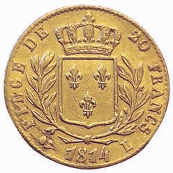 Null 路易十八 20 法郎，1814 L.巴约讷。45003 ex. F.517/6. TTB+