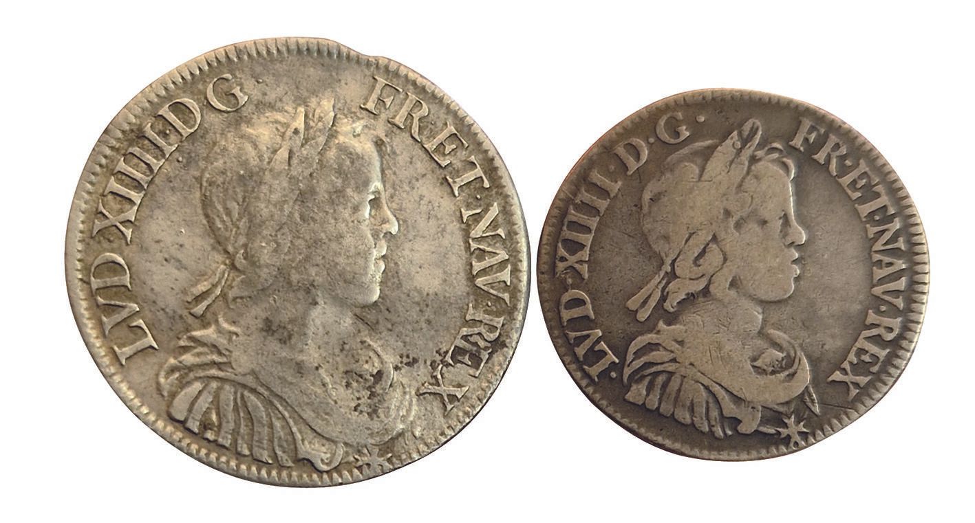 Null Louis XIV. Lot de 2 monnaies: Demi écu mèche longue 1649 A, et Quart d'écu &hellip;