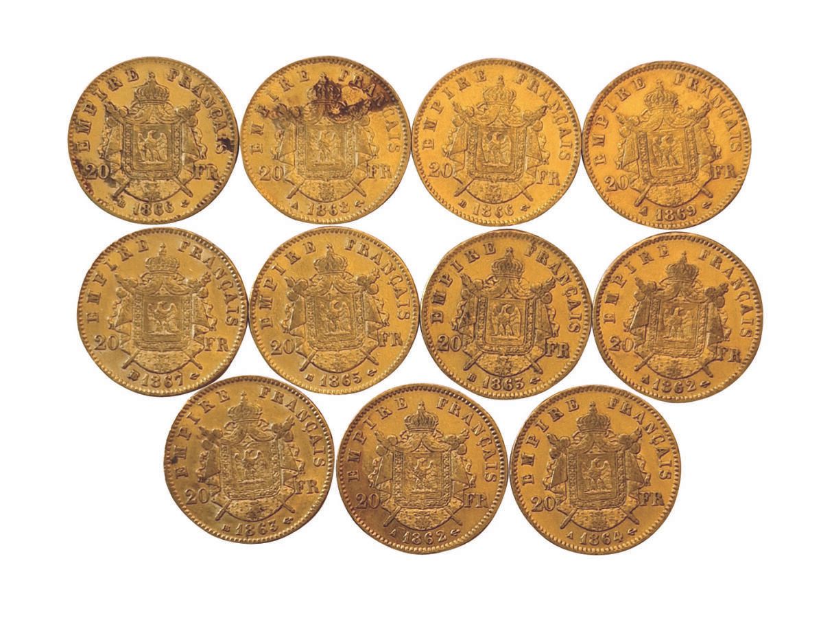 Null Napoléon III. Lot de 11 pièces de 20 Francs tête laurée. Dates et ateliers &hellip;