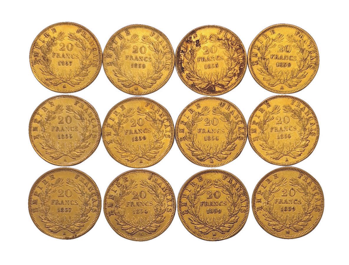 Null Napoléon III. Lot de 12 pièces de 20 Francs tête nue. TTB à SUP