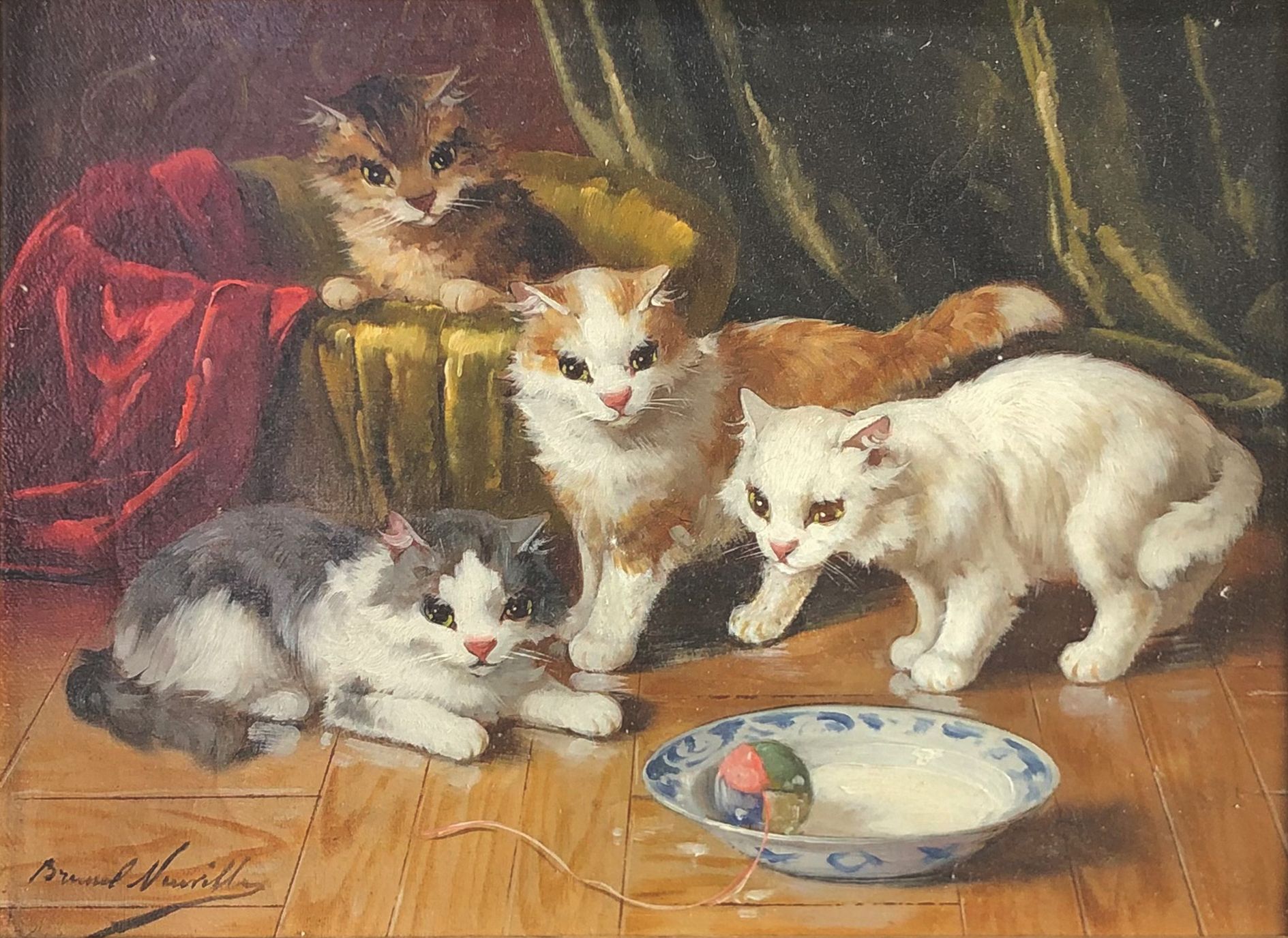 Null 阿尔弗雷德-阿瑟-布鲁内尔-德-纽维尔(1852-1941)

在pelota的猫咪们。

布面油画，左下方有签名。

24 x 33 cm