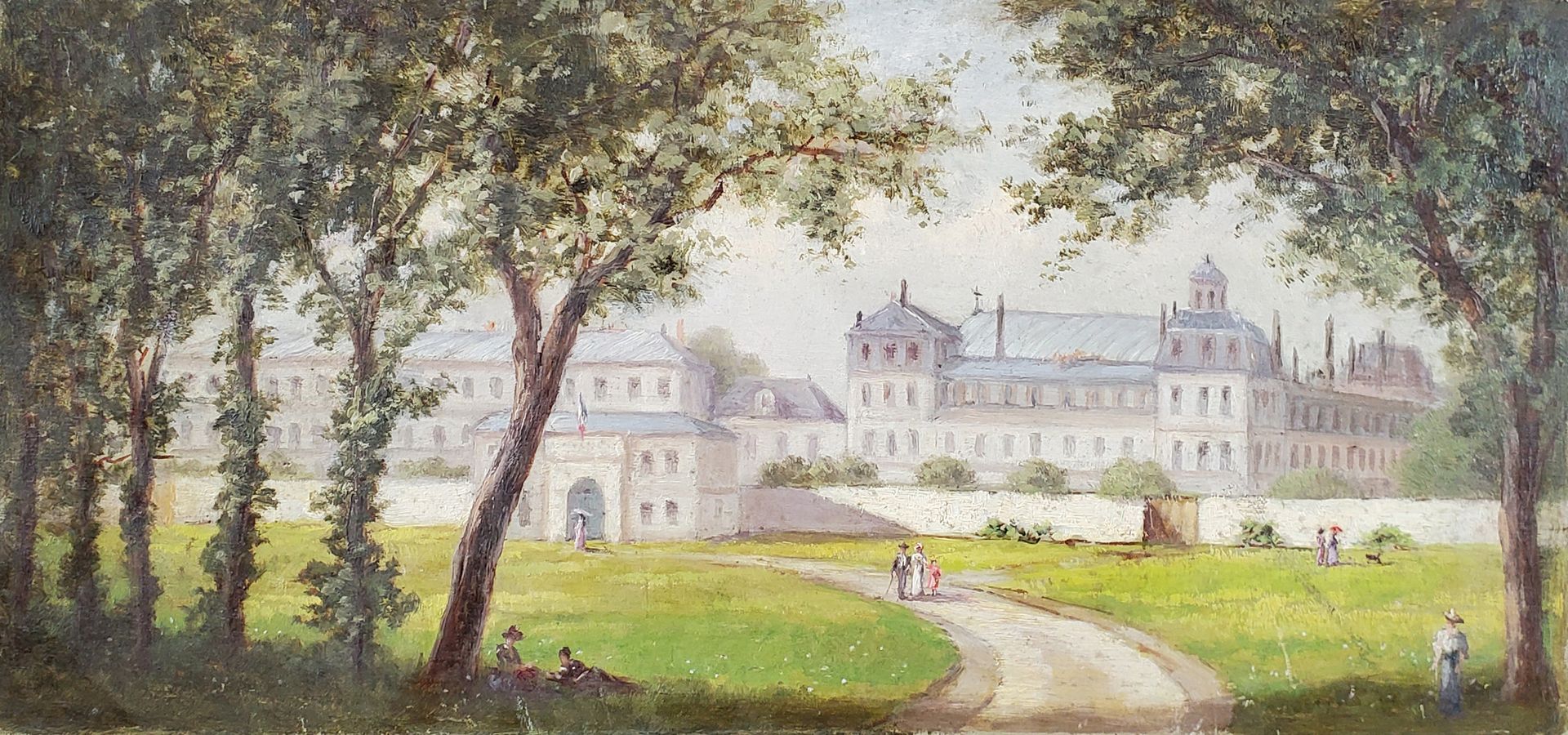 Null Emile DAUMONT (1834-1921) (归属) 

圣日耳曼-昂-拉耶的旅馆。

面板油画，约1870年。 

34,5 x 17 cm