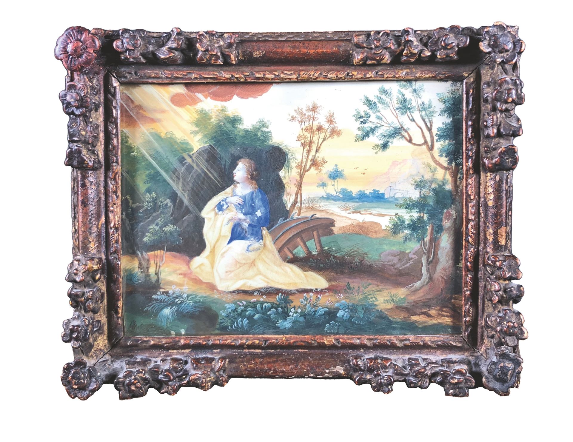 Null 18世纪初的学校

亚历山大的圣凯瑟琳和圣玛格丽特。

纸上水粉画两幅。 

视图：14 x 18,5 cm

摄政时期的镀金木框。