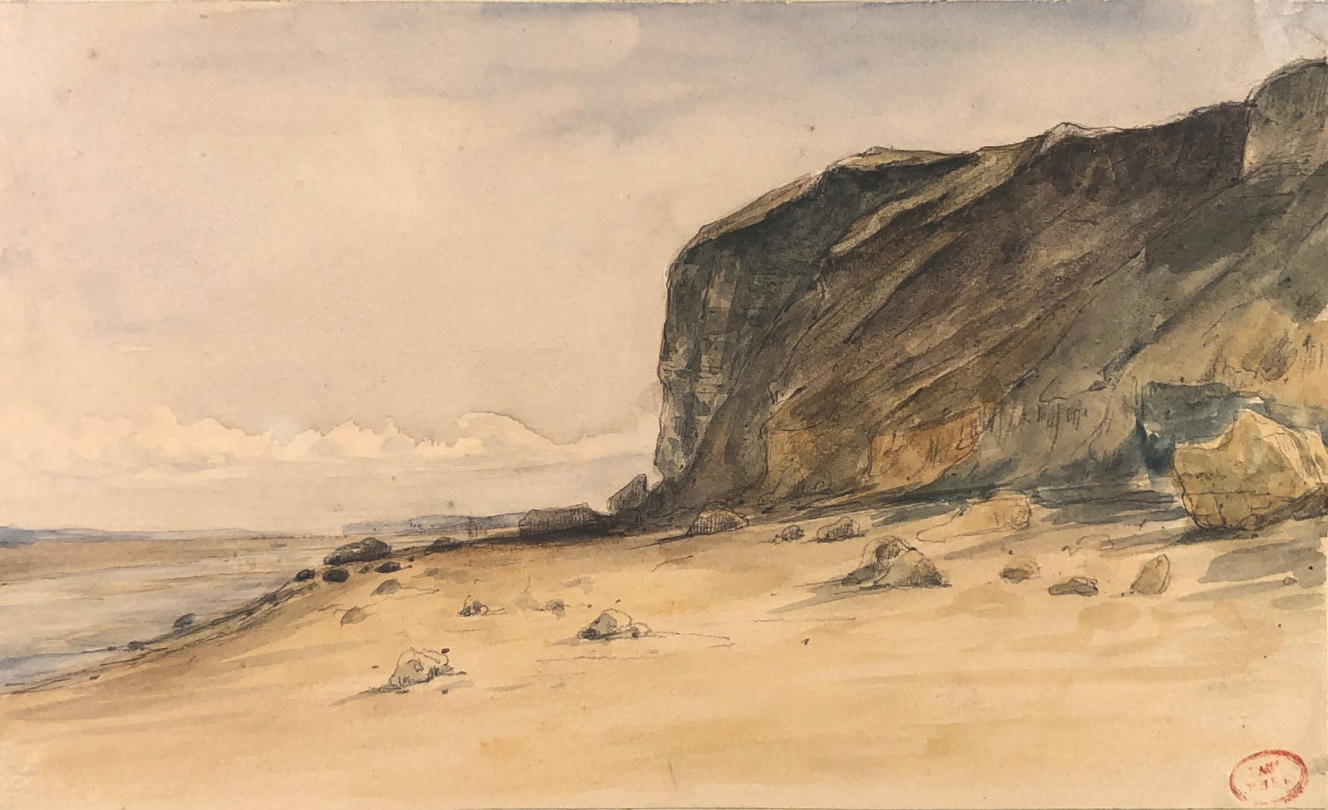 Null Paul HUET (1803-1869)

Beach near Trouville.

Watercolor. Stamp of the stud&hellip;