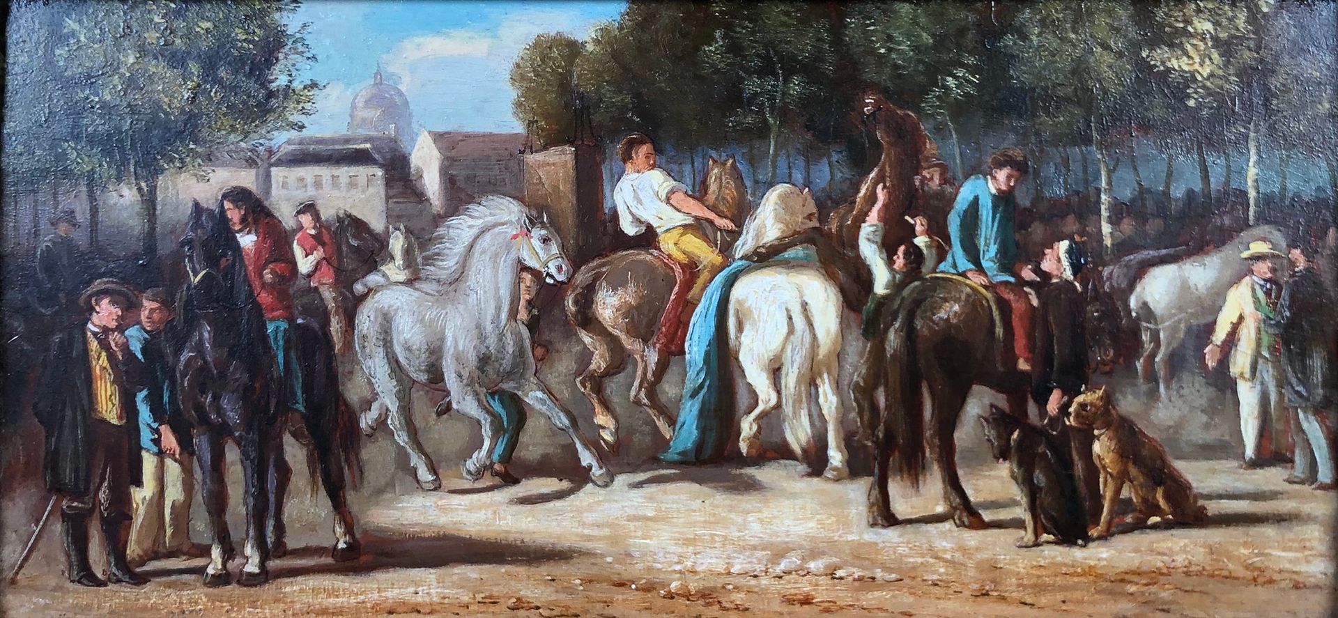 Null 19世纪的学校，以Théodore GERICAULT（1791-1824）的名字命名

马匹市场。

板上油彩。

16 x 33 cm