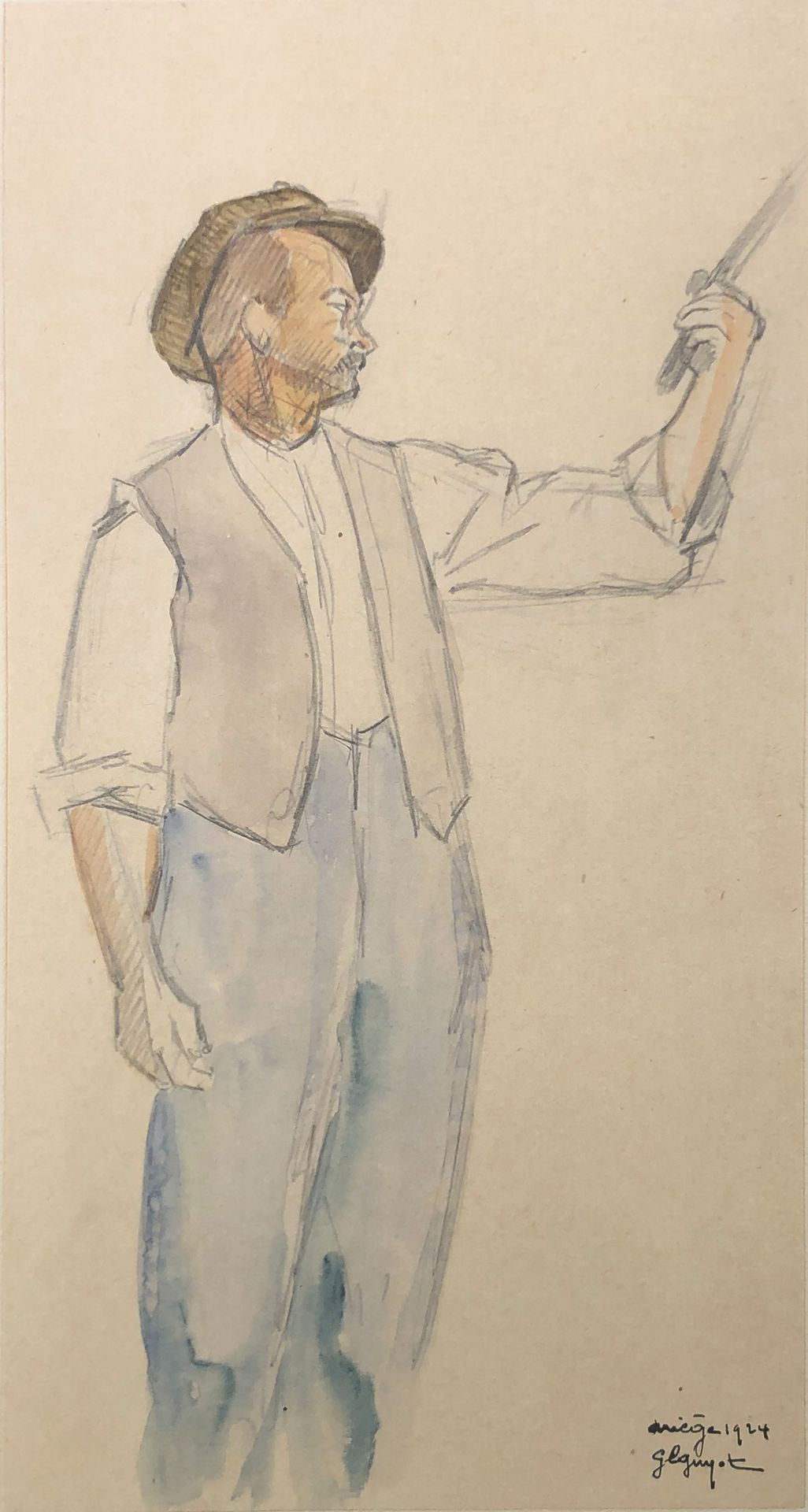 Null 乔治-卢西恩-古约(1885-1973)

摸牛人》，1924年。

石墨和水彩画，右下方有签名、日期和位置。 

30 x 16 cm