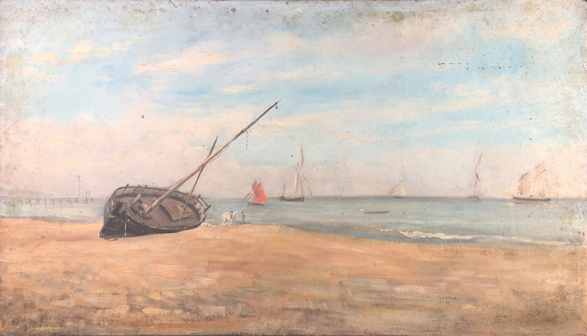 Null 保罗-惠特 (1803-1869)

在特鲁维尔的海滩上。

油性强的纸张上。背面有蜡质的工场印章（有些发霉）。

29 x 50 厘米