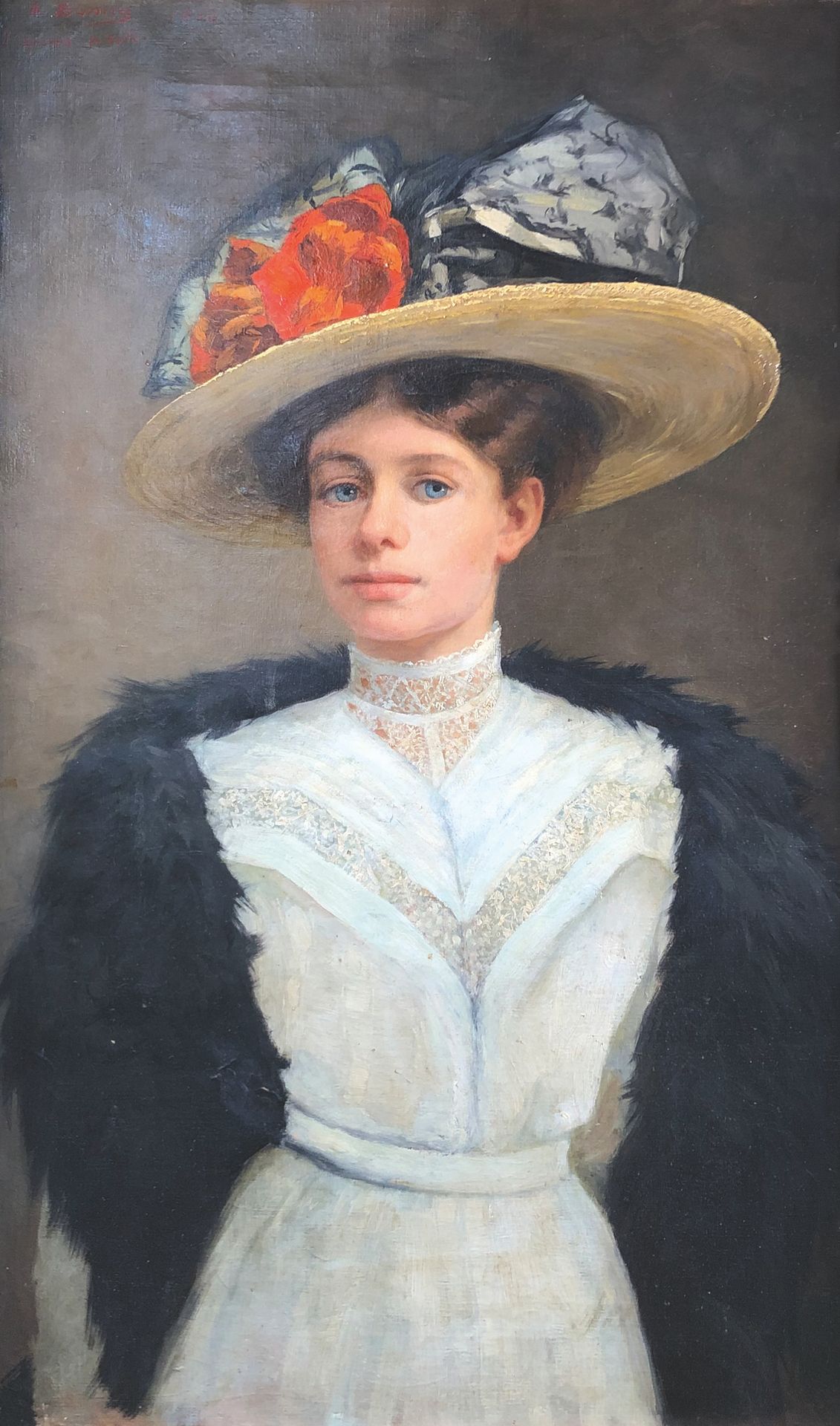 Null 1900年左右的法国学校

戴着帽子的年轻女子的肖像。

布面油画。

71,5 x 43,5 cm
