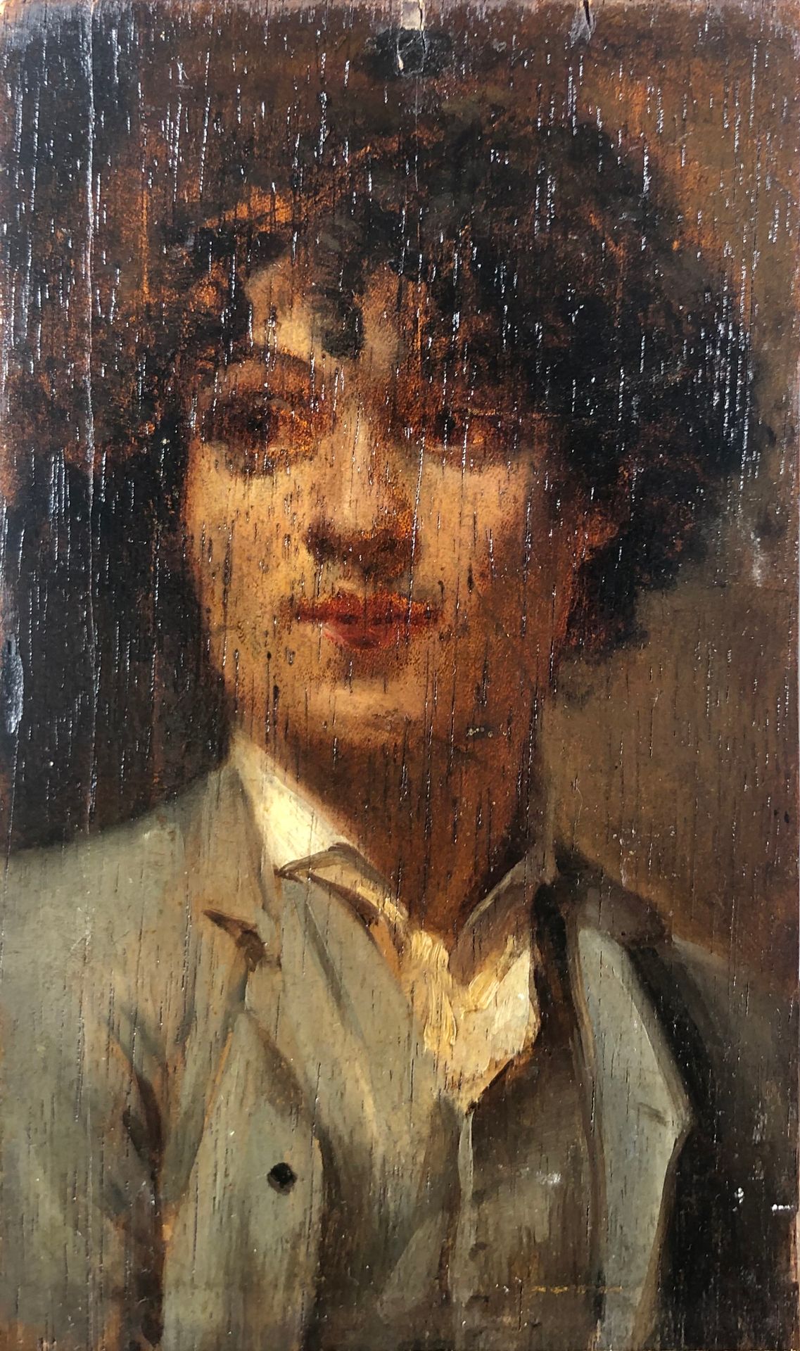 Null 20世纪初的学校

一个人的肖像。

板上油画（哈瓦那雪茄盒盖）。

20 x 12 cm