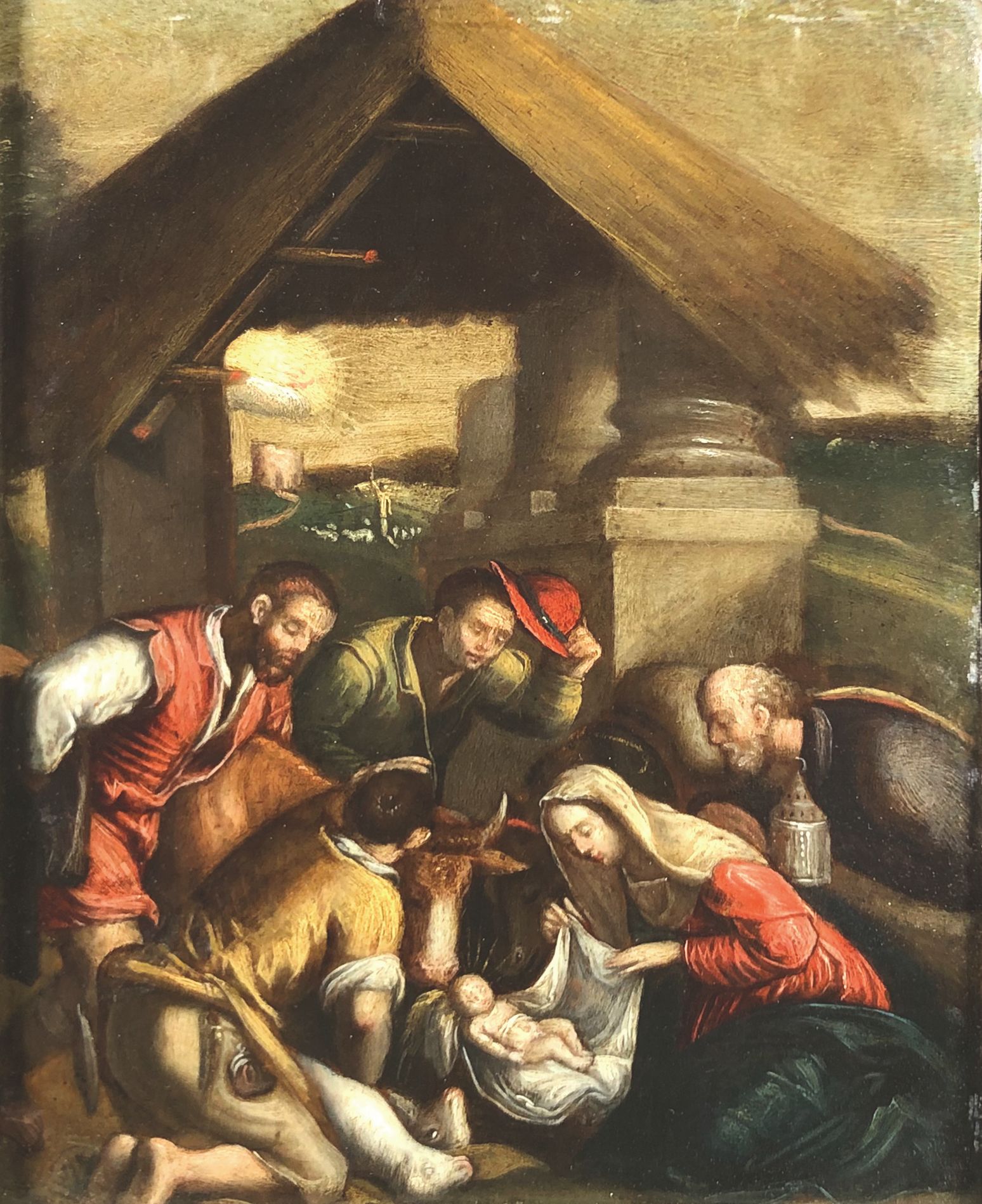 Null 17世纪弗拉芒画派在雅克波-巴萨诺（1510-1592）之后的作品

牧羊人的崇拜。

铜上绘画。

24 x 19 cm