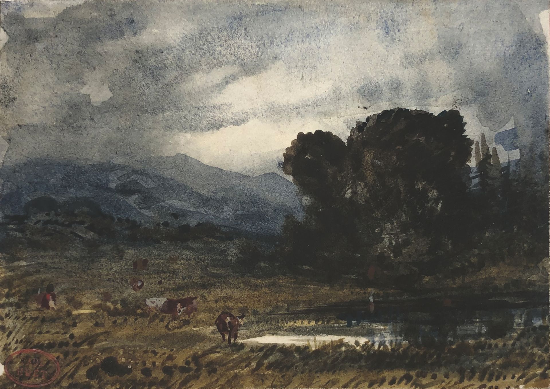 Null 保罗-惠特 (1803-1869)

山上的一个小池塘，阴天的晚上。

水彩画。左下角的工作室印章。

背面刻有 "借给（1905年4月）诺丁汉博物馆&hellip;