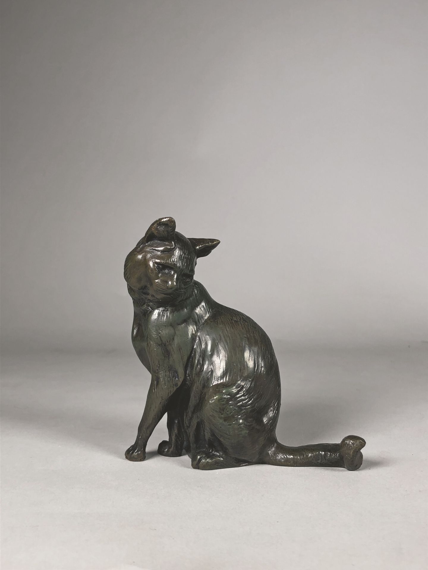 Null 托马斯-弗朗索瓦-卡地亚(1879-1943)(署名)

转头的猫。

青铜材质的证明，有阴影的棕色铜锈。旧版铸铁。

高：10厘米 - 宽：10厘米