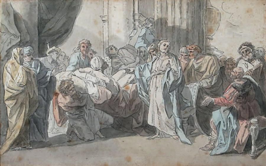 École FRANÇAISE du XVIIIe siècle La guérison du paralytique. Plume et encre de c&hellip;