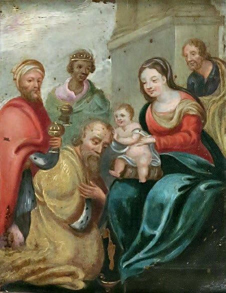 ECOLE DU XVIIe SIÈCLE La Sainte famille. Huile sur cuivre. Dans un cadre d'époqu&hellip;