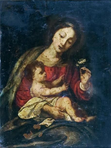 ECOLE DU XVIIe SIÈCLE Vierge à l'enfant. Peinture sur cuivre. 22,5 x 17,5 cm