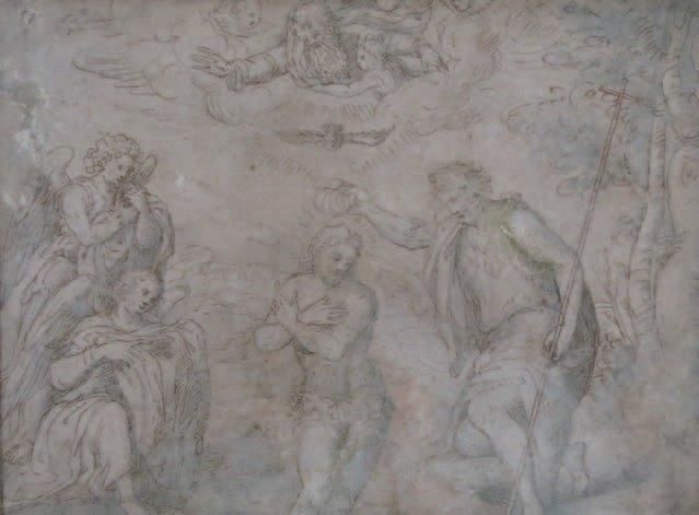 Ecole italienne du XVIIe siècle Le Baptême du Christ. Dessin à la sanguine et la&hellip;