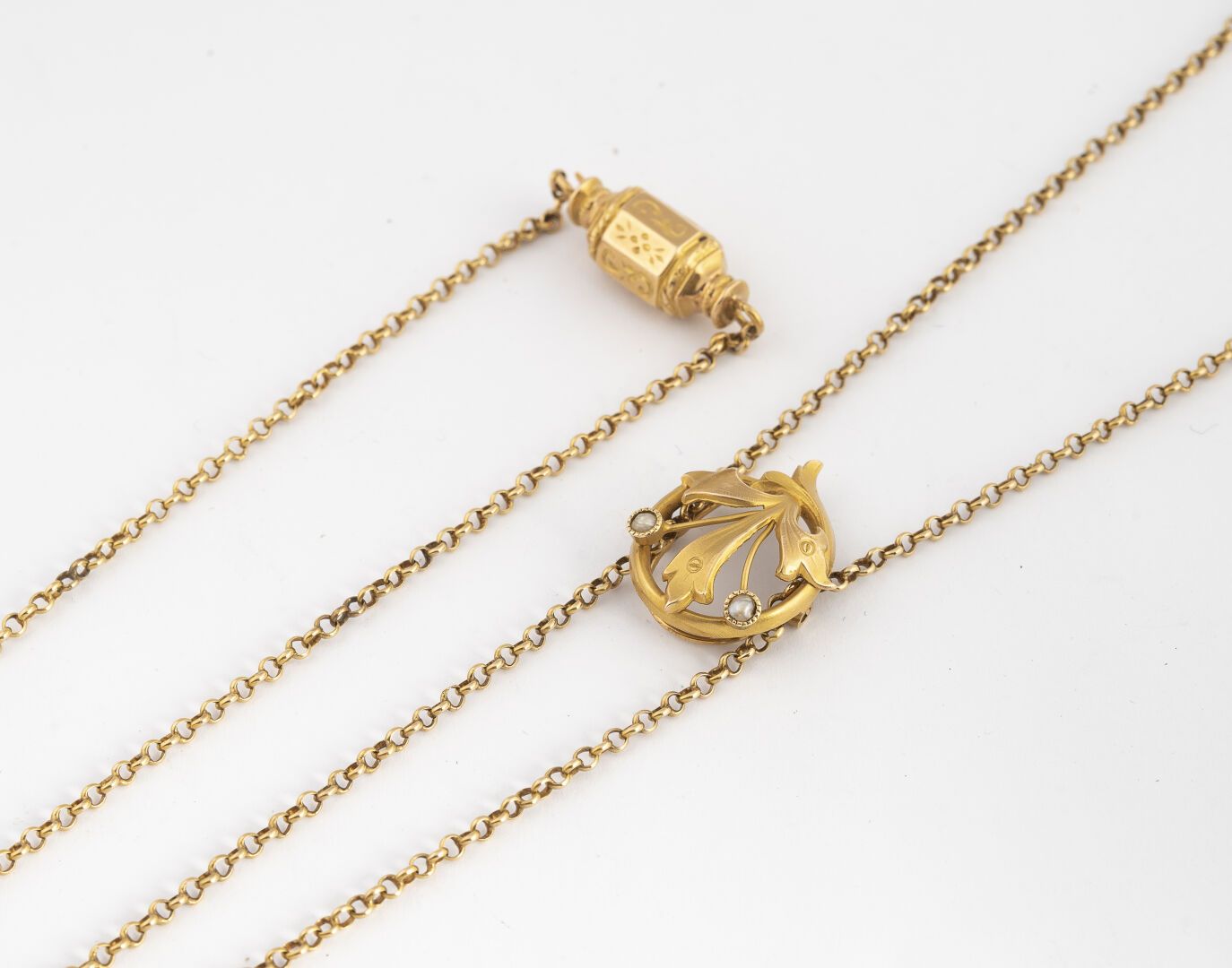 Null 长链

在黄金750°/°。

用纽扣珍珠强化的叶状项链

工作 1900

毛重 : 12,70 g