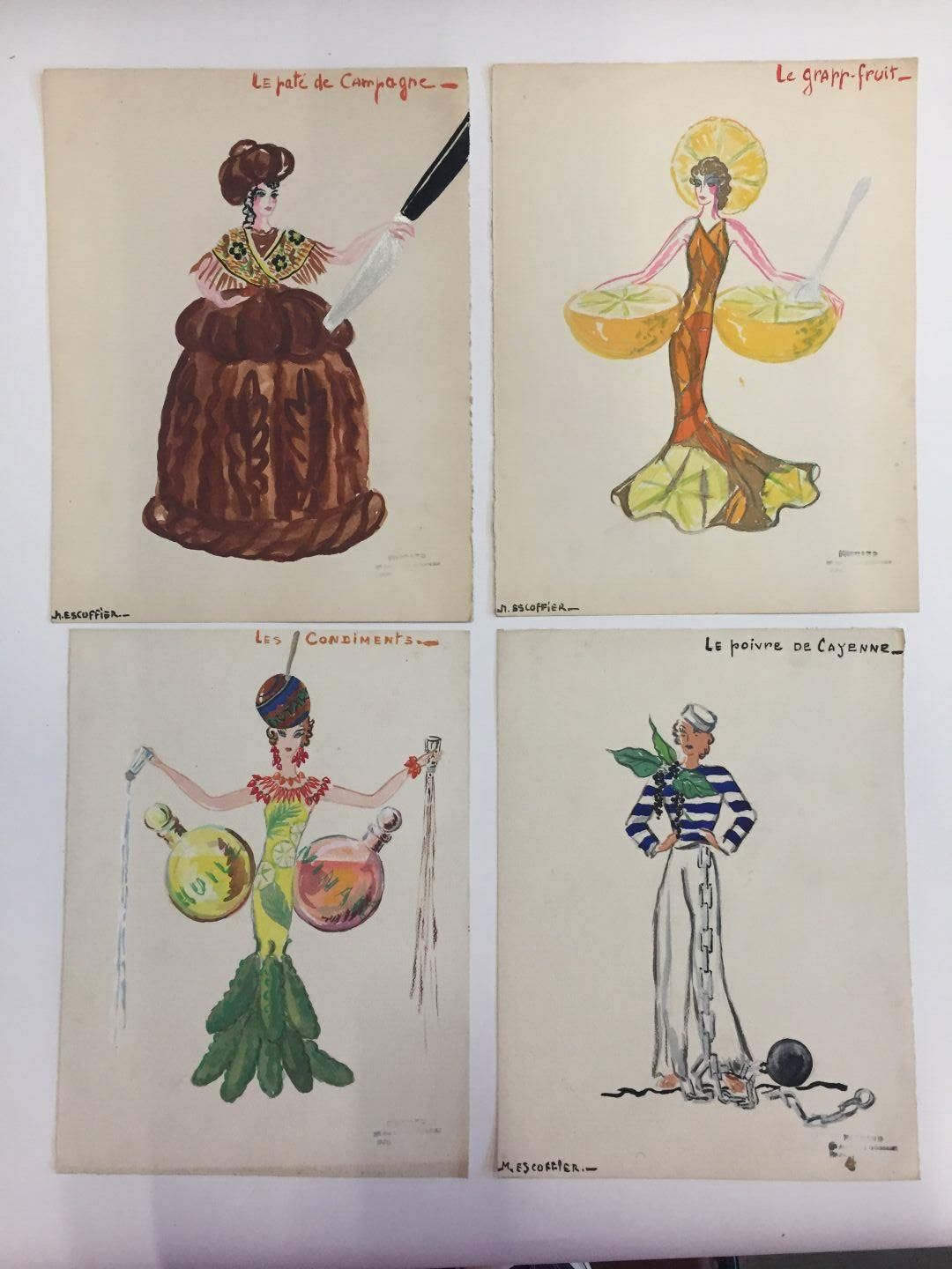 Null Marcel ESCOFFIER (1910-2001) Lotto di quattro progetti di costumi: "Le paté&hellip;