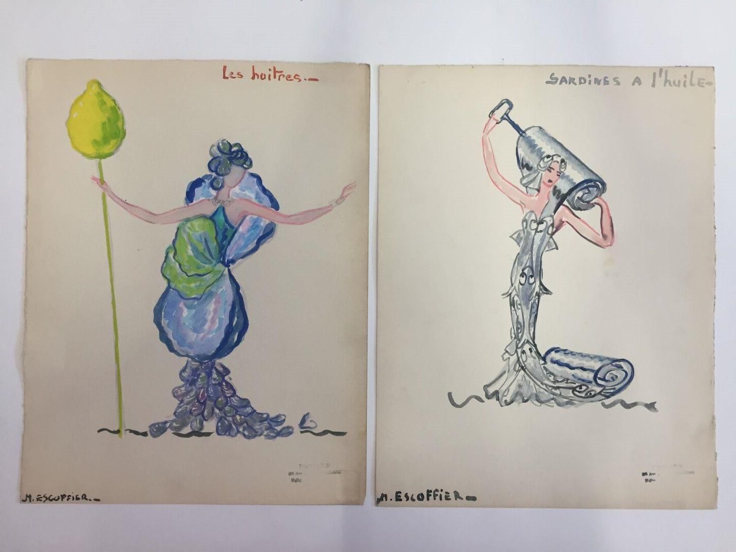 Null Marcel ESCOFFIER (1910-2001)的两件服装作品：《油浸沙丁鱼》和《牡蛎》。铅笔、水彩和水粉画。左下角有签名，并有Pascaud&hellip;