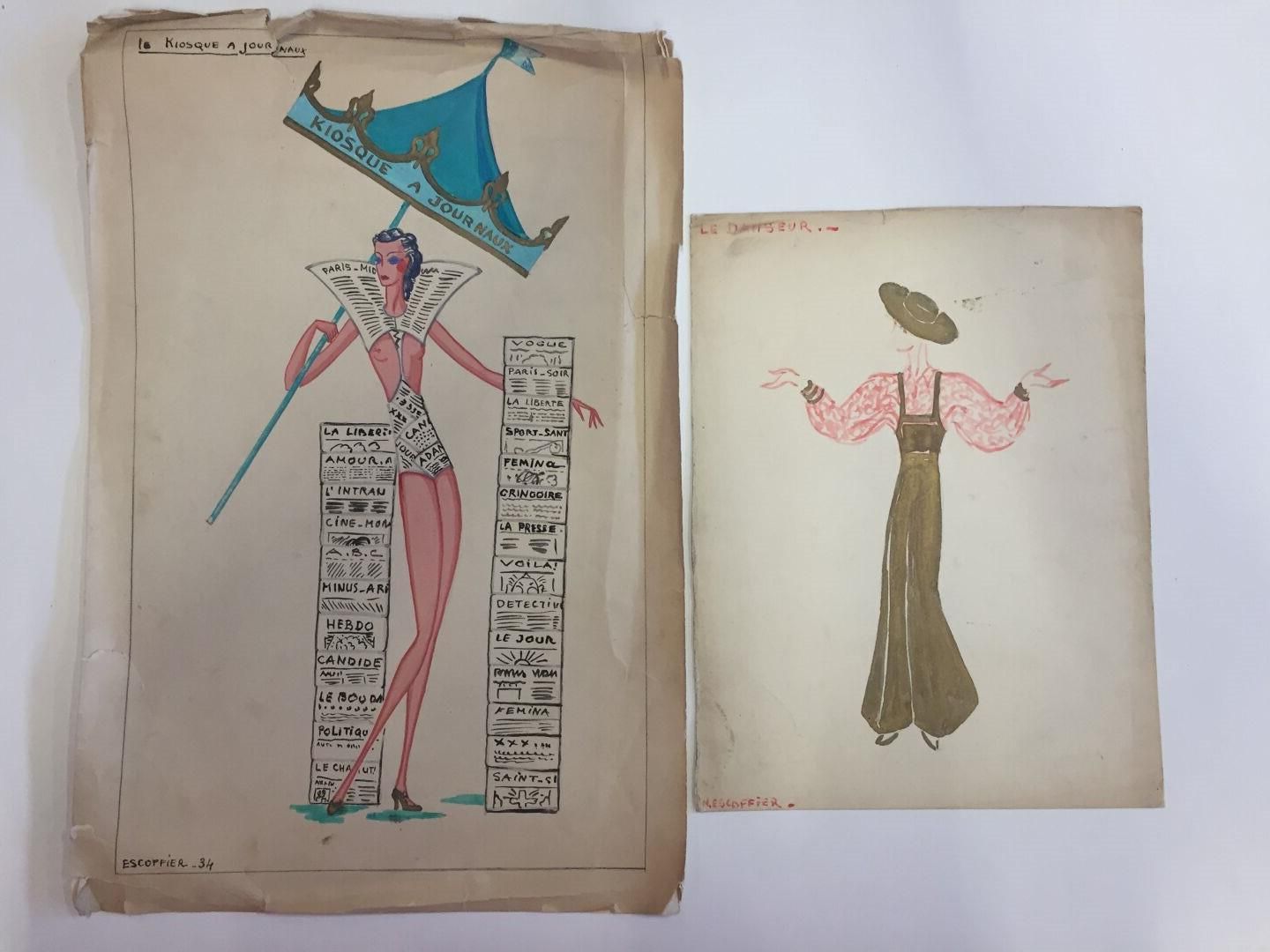 Null Marcel ESCOFFIER (1910-2001)拍下两个服装项目："舞者 "和 "报摊"。铅笔、水彩和水粉画。左下角有签名（空白处有事故）32&hellip;