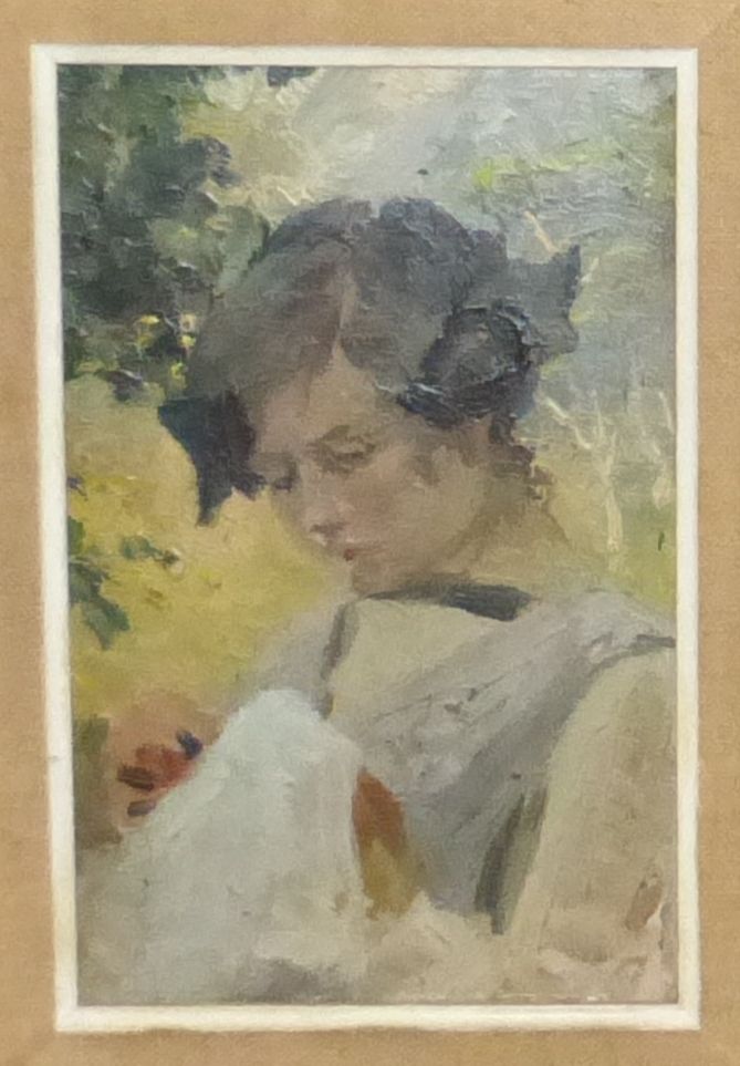 Olga SLOM (1881-1940) 奥尔加-斯洛姆（1881-1940）《刺绣的年轻女人

板上油彩。关于1928年

12 x 18厘米

提供：19&hellip;