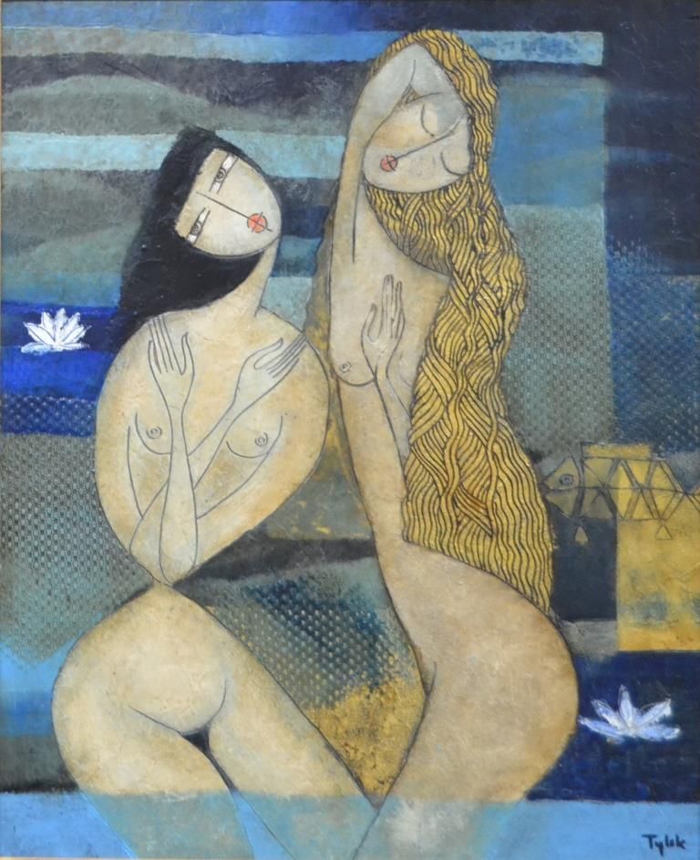 Zdenka TYLEK (née en 1948) 
Zdenka TYLEK (1948年出生) "两个洗澡的人，黑发和金发的人
伊索尔面板上的油画，右下方&hellip;