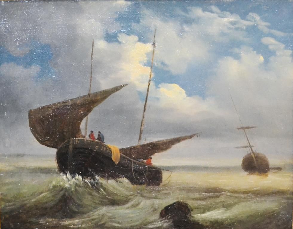 Null 
Holländische Schule aus dem 19.
Jahrhundert: "Boot im Sturm".
Öl auf Leinw&hellip;